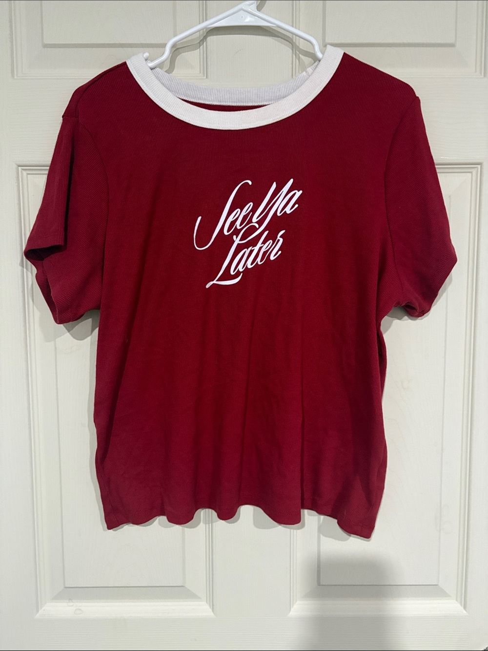 Old Navy Red Ribbed Tee with White V-Neck Trim